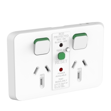 Power Outlet Double, 30mA RCD Protected, 250VAC, 10A