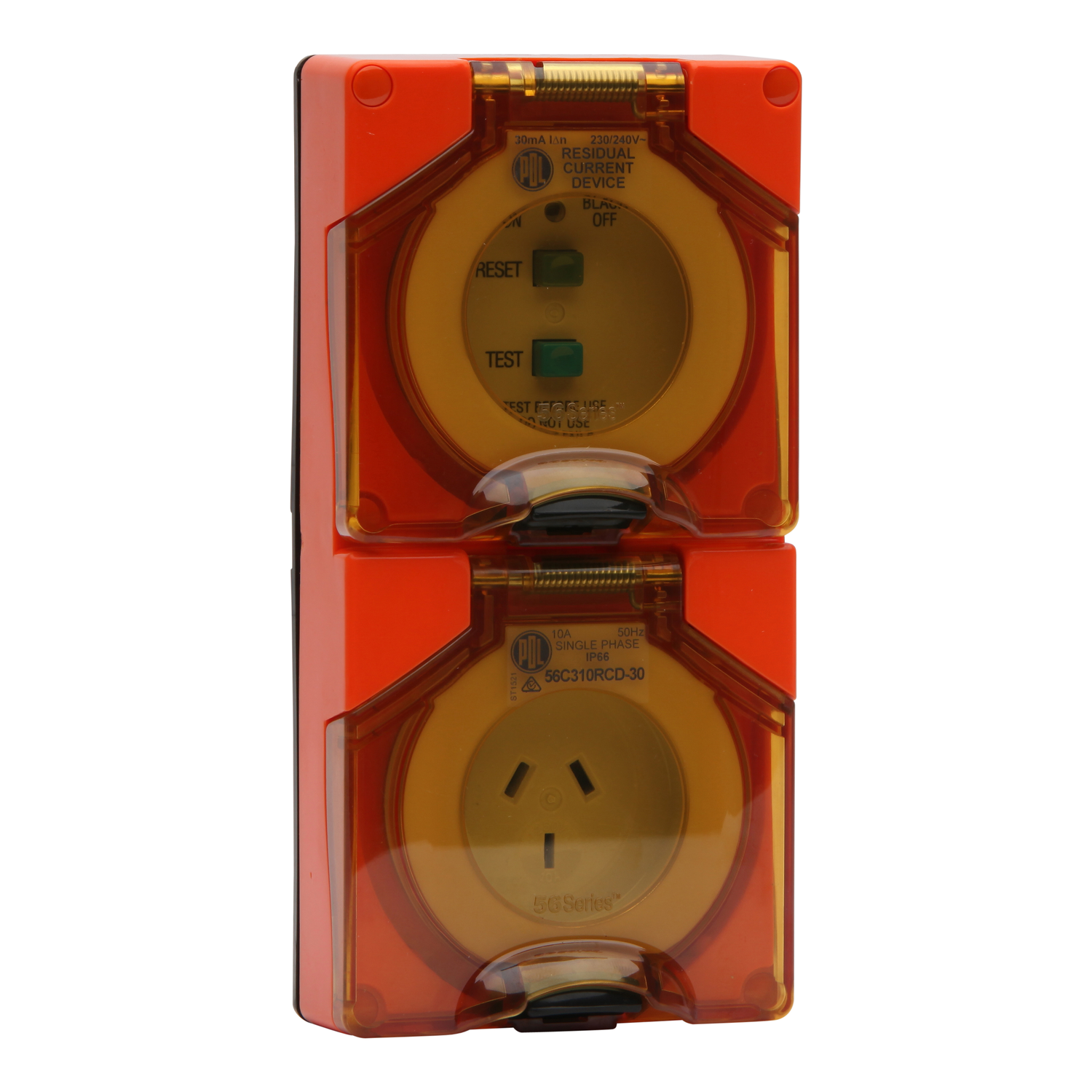 PDL 56 Series - RCD Protected Socket 30mA 10A 240V 3-Flat Pin IP66 - Chemical-Resistant Orange