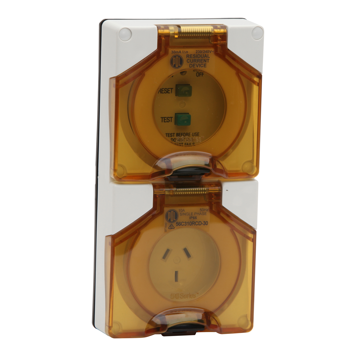 PDL 56 Series - RCD Protected Socket 30mA 10A 240V 3-Flat Pin IP66 - Chemical-Resistant White
