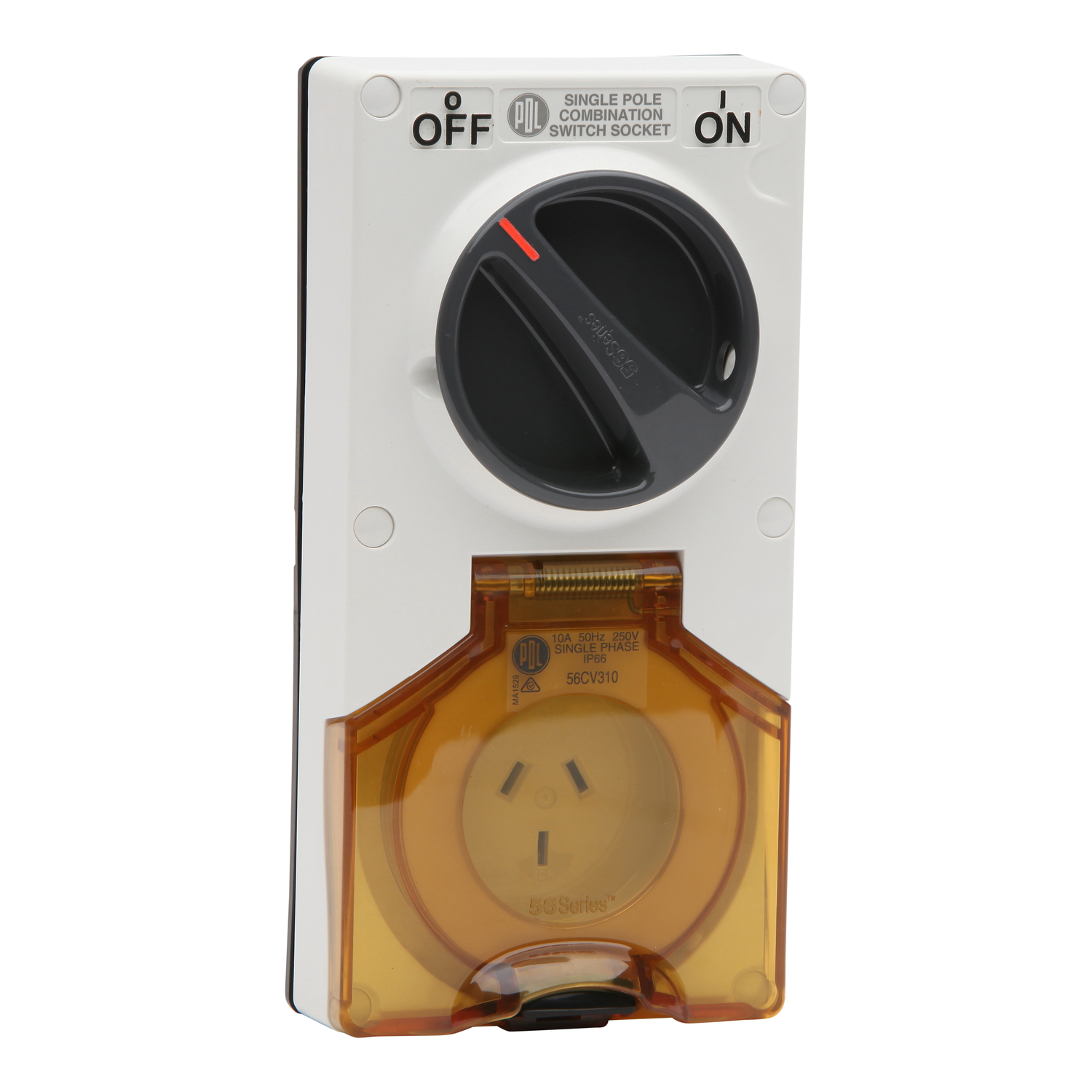 PDL 56 Series - Switched Socket 10A 250V 3-Flat Pin 2-Gang 1-Pole IP66 - Chemical-Resistant White