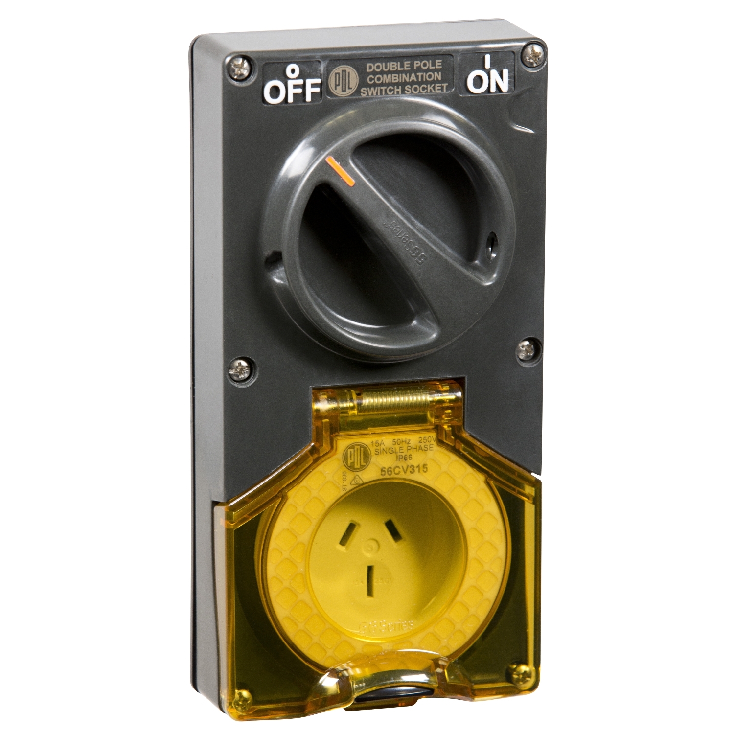 PDL 56 Series - Switched Socket 15A 250V 3-Flat Pin 2-Gang 1-Pole IP66 - Chemical-Resistant Grey
