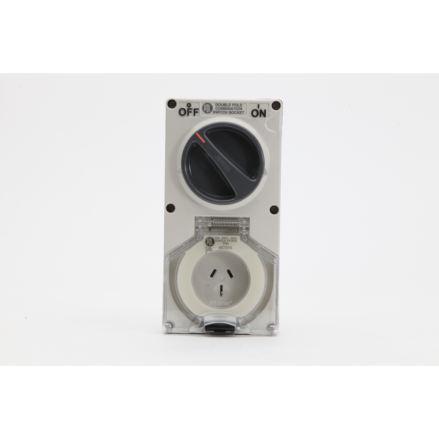 PDL 56 Series - Switched Socket 16A 250V 3-Flat Pin 2-Gang 2-Pole IP66 - Grey