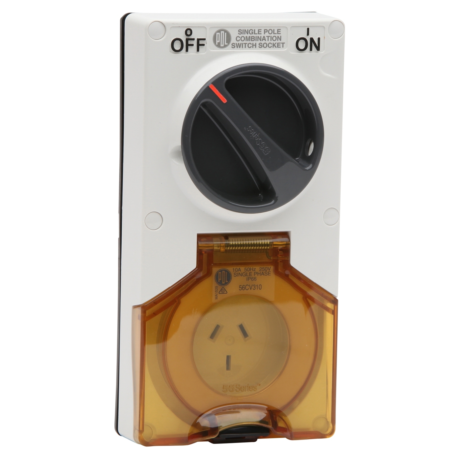 PDL 56 Series - Switched Socket 16A 250V 3-Flat Pin 2-Gang 2-Pole IP66 - Chemical-Resistant White