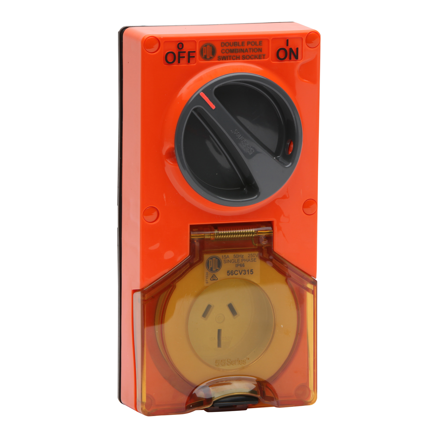PDL 56 Series - Switched Socket 16A 250V 3-Flat Pin 2-Gang 2-Pole IP66 - Chemical-Resistant Orange