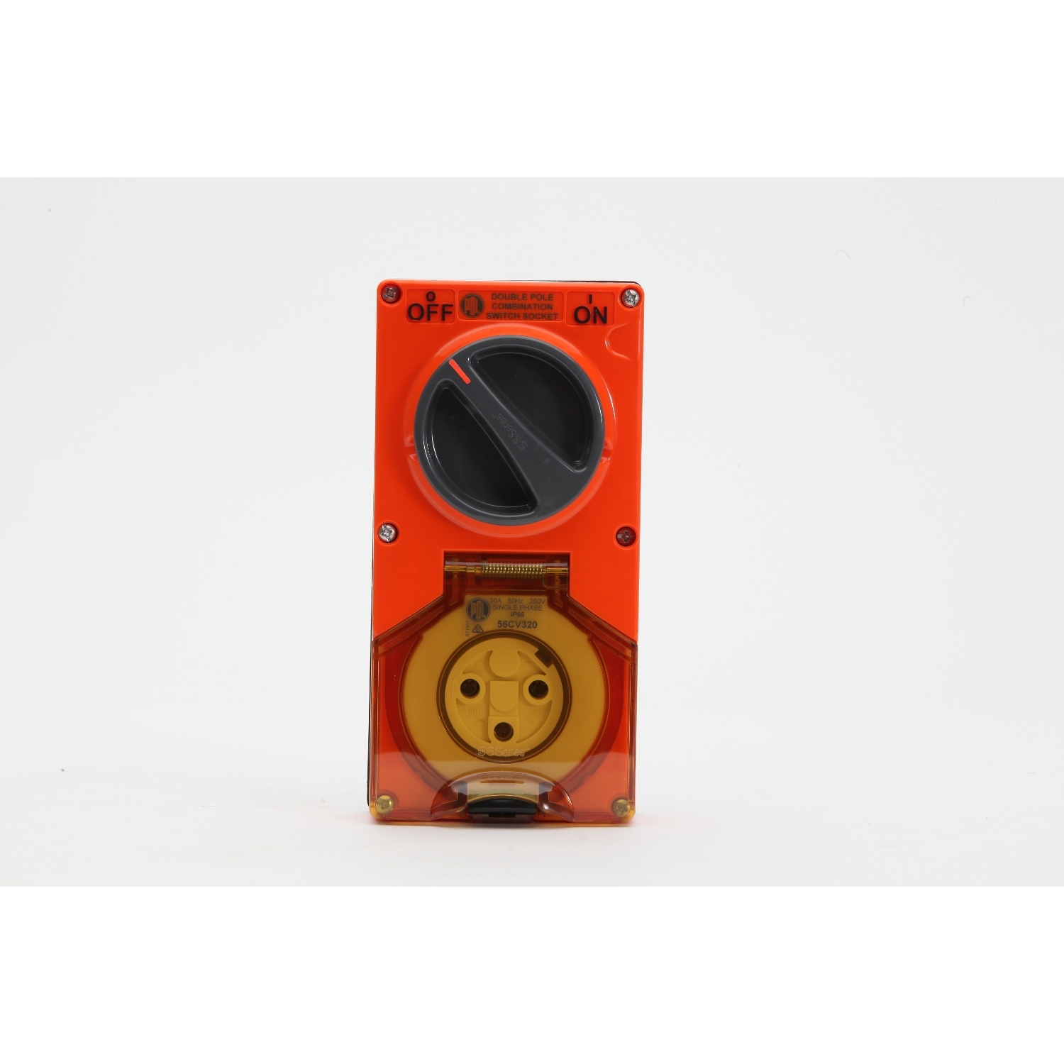 PDL 56 Series - Switched Socket 20A 250V 3-Round Pin 2-Gang 2-Pole IP66 - Chemical-Resistant Orange