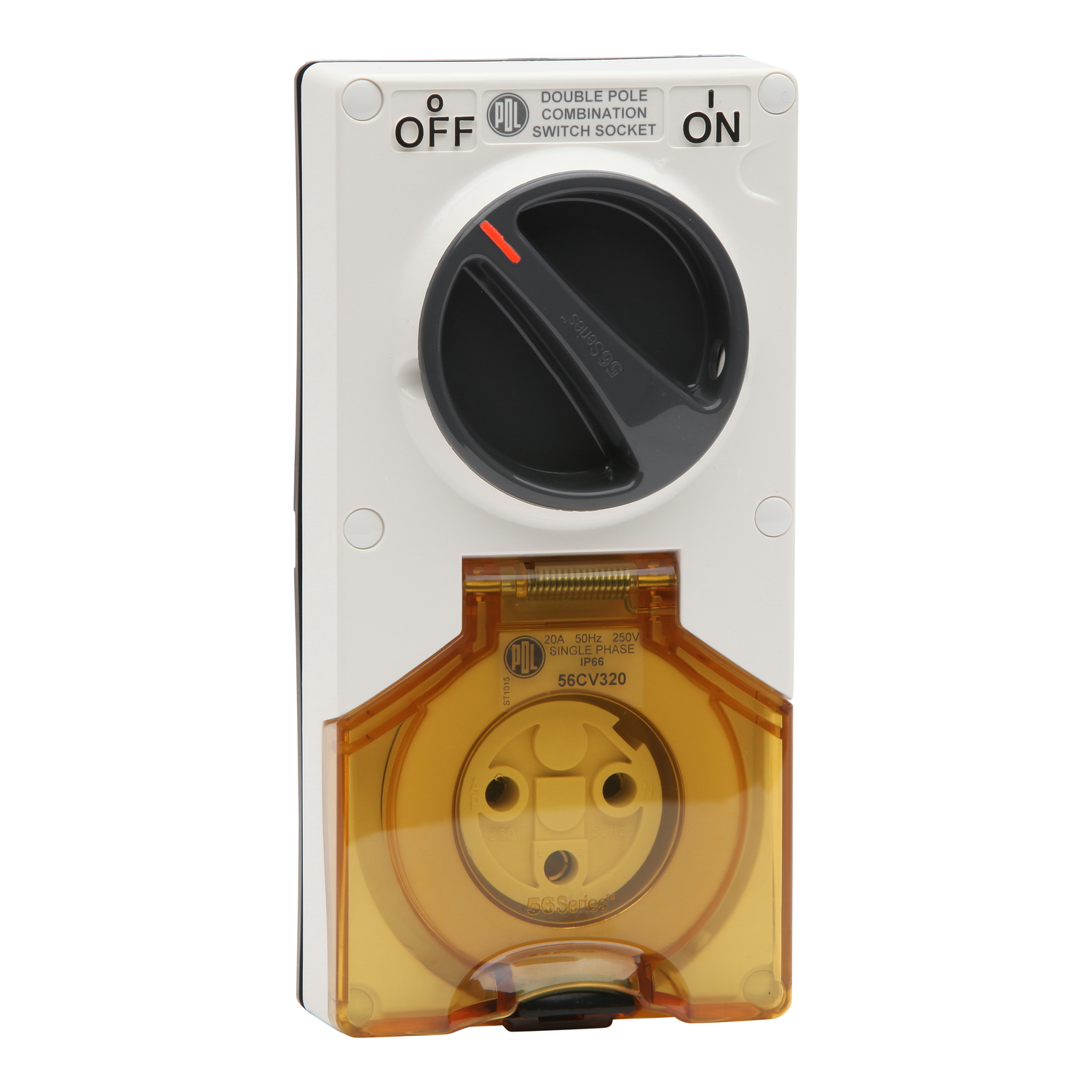 PDL 56 Series - Switched Socket 20A 250V 3-Round Pin 2-Gang 2-Pole IP66 - Chemical-Resistant White