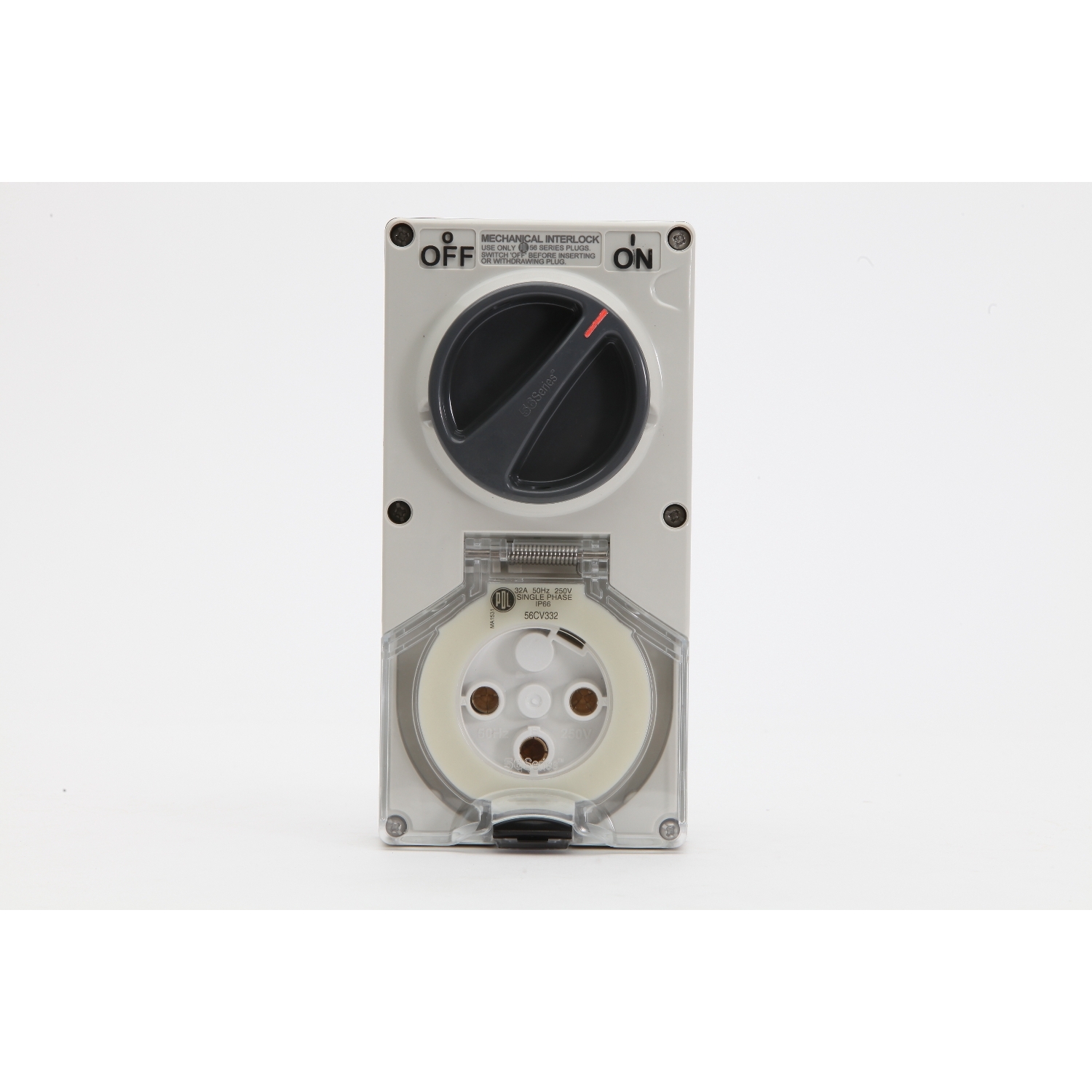 PDL 56 Series - Switched Socket 32A 250V 3-Round Pin 2-Gang 2-Pole IP66 - Grey