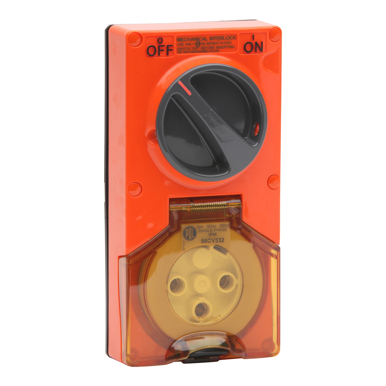 PDL 56 Series - Switched Socket 32A 250V 3-Round Pin 2-Gang 2-Pole IP66 - Chemical-Resistant Orange