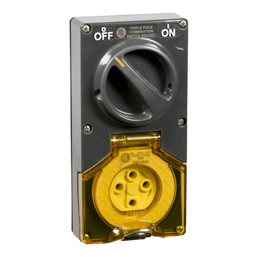 PDL 56 Series - Switched Socket 10A 500V 4-Round Pin 2-Gang 3-Pole IP66 - Chemical-Resistant Grey