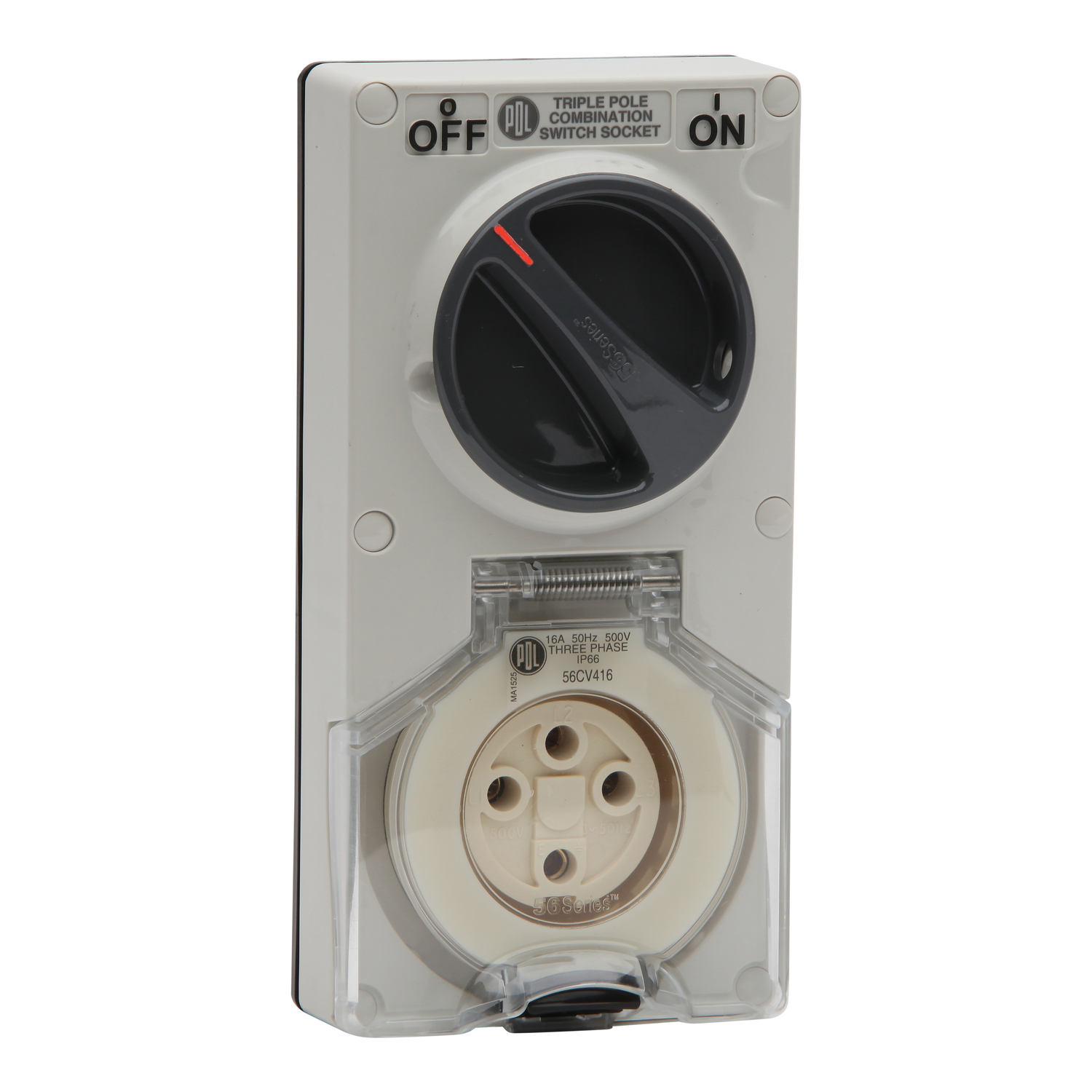 PDL 56 Series - Switched Socket 16A 500V 4-Round Pin 2-Gang 3-Pole IP66 - Grey