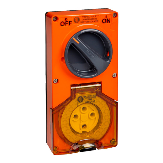 PDL 56 Series - Switched Socket 16A 500V 4-Round Pin 2-Gang 3-Pole IP66 - Chemical-Resistant Orange