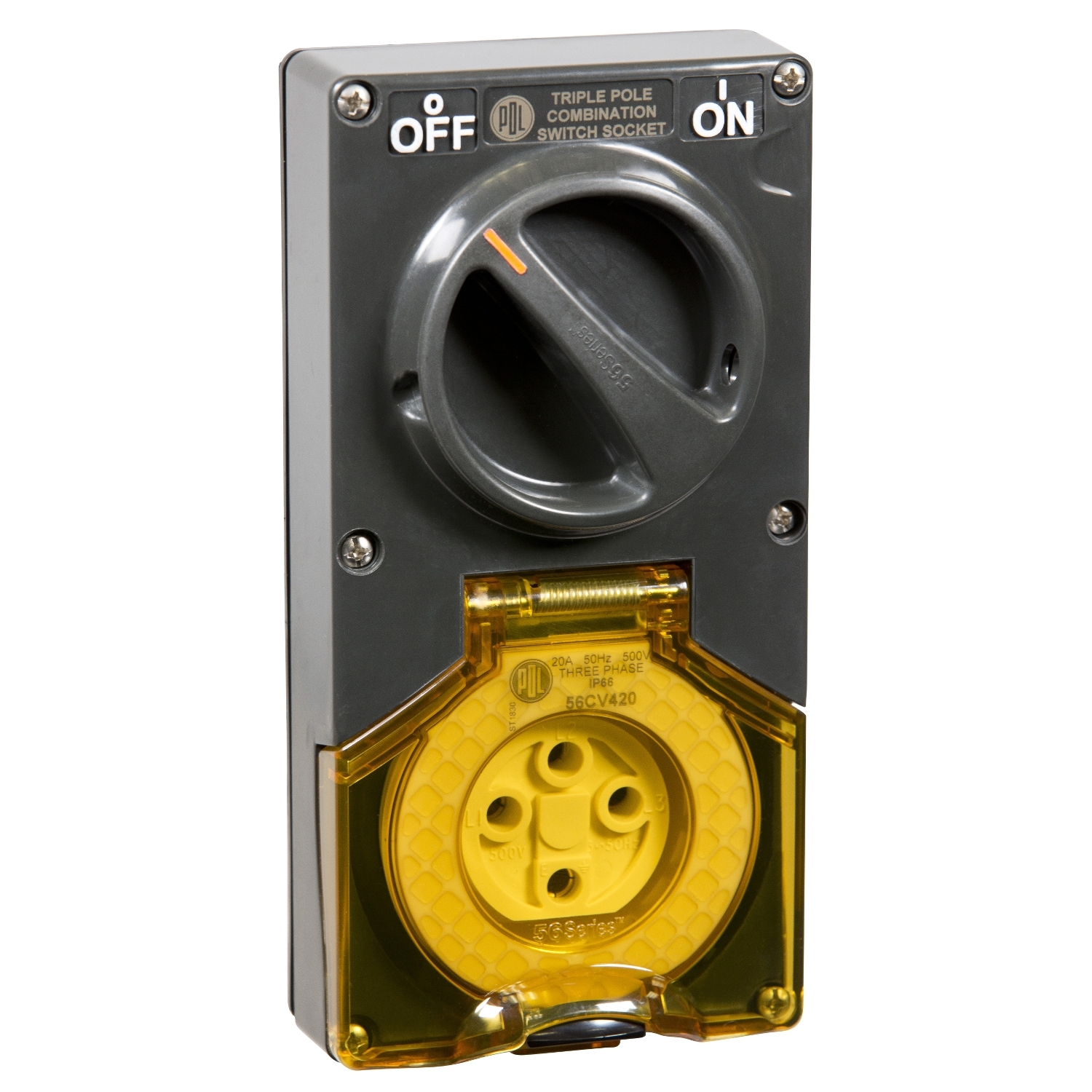 PDL 56 Series - Switched Socket 20A 500V 4-Round Pin 2-Gang 3-Pole IP66 - Chemical-Resistant Grey