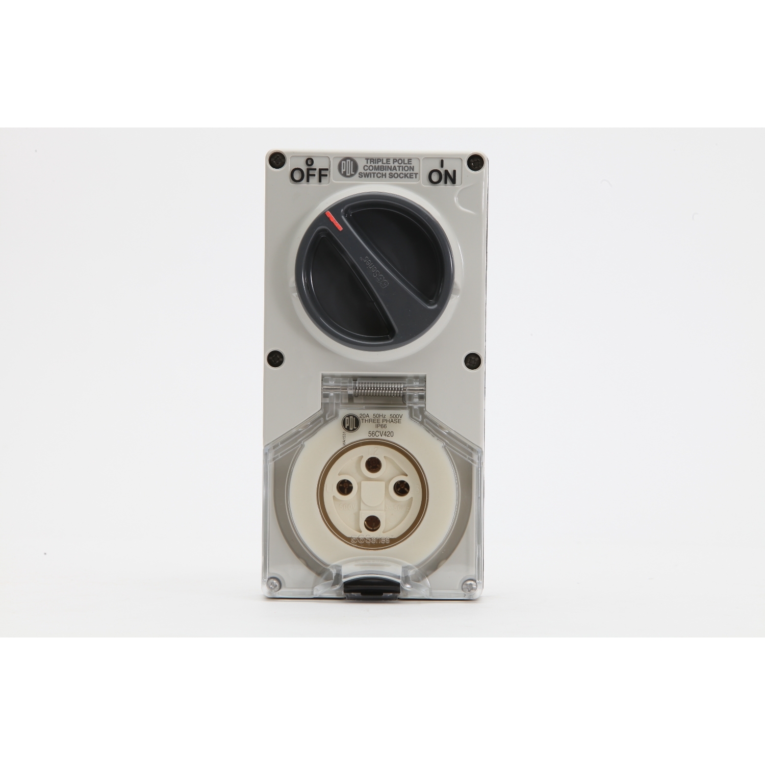 PDL 56 Series - Switched Socket 20A 500V 4-Round Pin 2-Gang 3-Pole IP66 - Grey