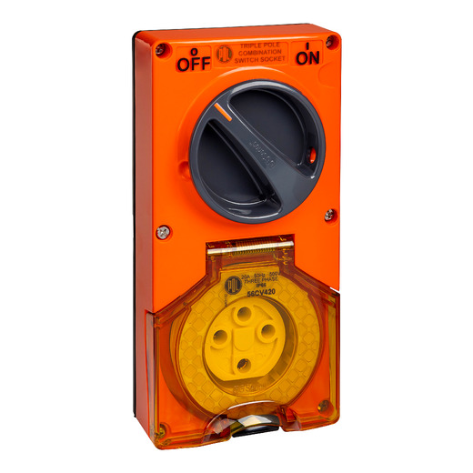 PDL 56 Series - Switched Socket 20A 500V 4-Round Pin 2-Gang 3-Pole IP66 - Chemical-Resistant Orange