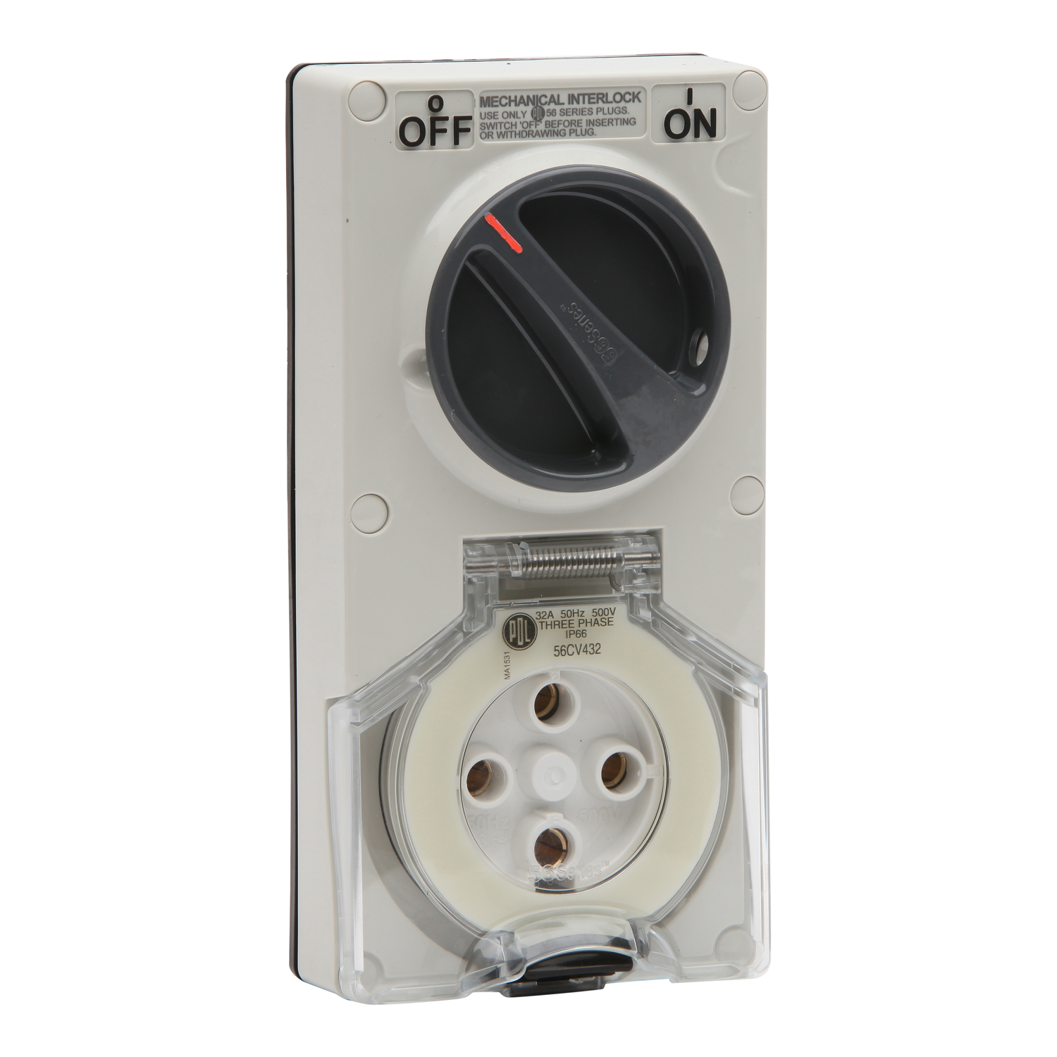 PDL 56 Series - Switched Socket 30A 500V 4-Round Pin 2-Gang 3-Pole IP66 - Grey