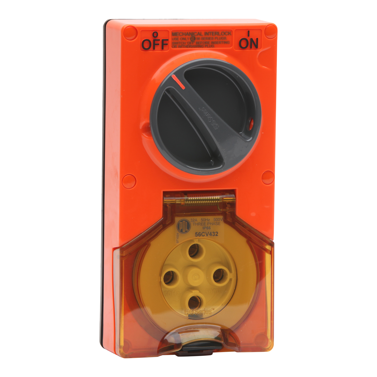 PDL 56 Series - Switched Socket 30A 500V 4-Round Pin 2-Gang 3-Pole IP66 - Chemical-Resistant Orange
