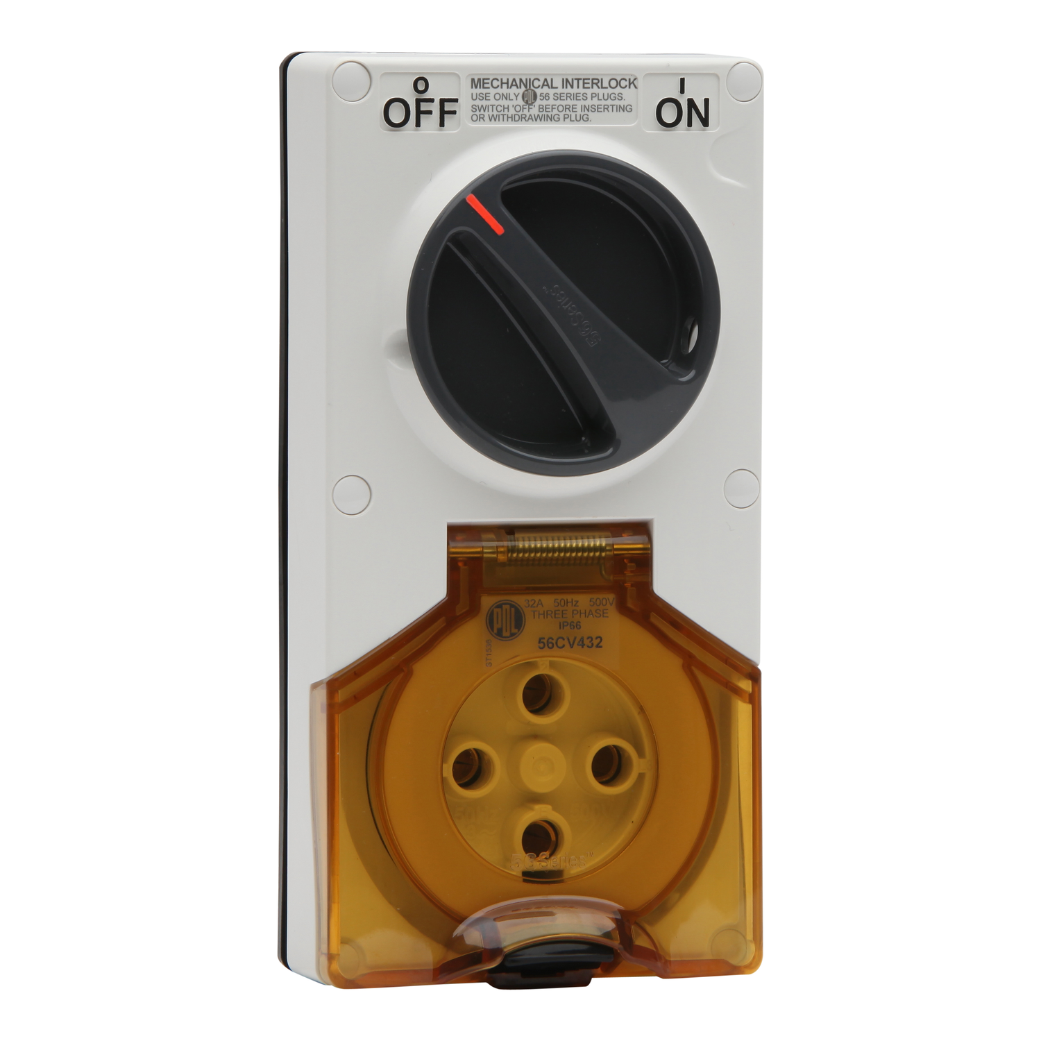 PDL 56 Series - Switched Socket 30A 500V 4-Round Pin 2-Gang 3-Pole IP66 - Chemical-Resistant White