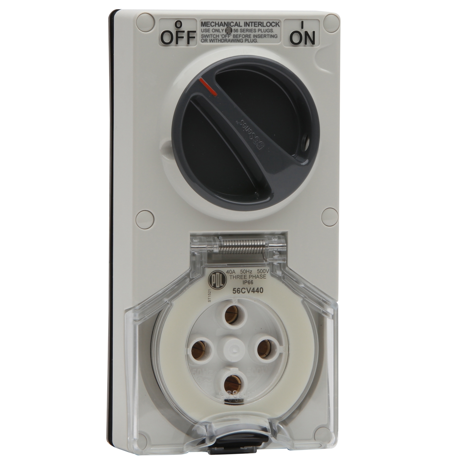 PDL 56 Series - Switched Socket 40A 500V 4-Round Pin 2-Gang 3-Pole IP66 - Grey