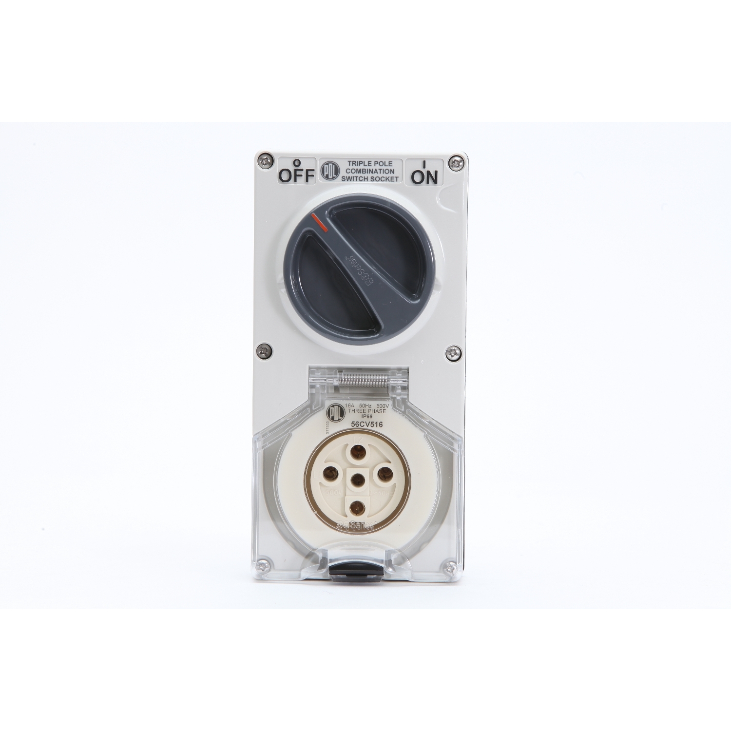 PDL 56 Series - Switched Socket 16A 500V 5-Round Pin 2-Gang 3-Pole IP66 - Grey
