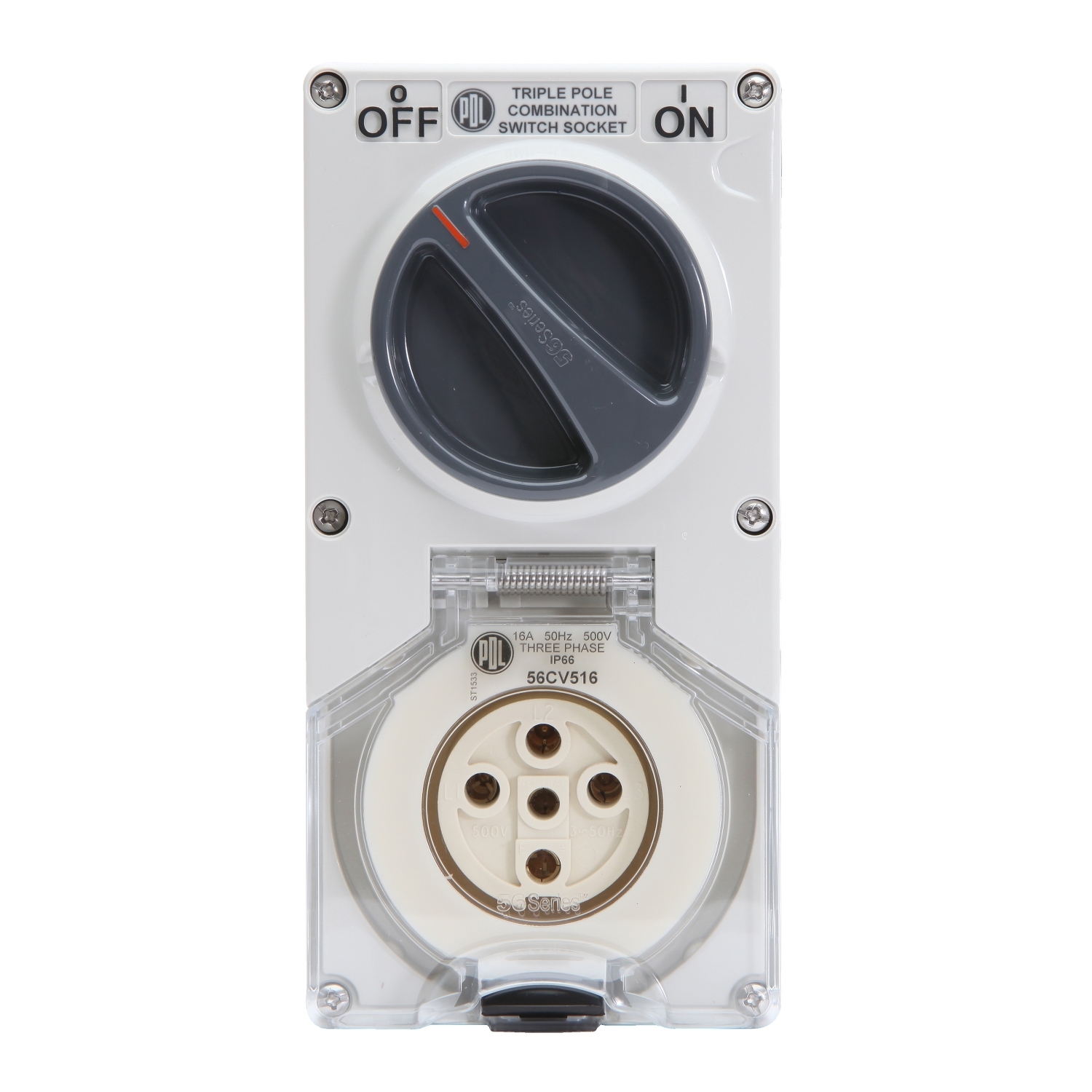 PDL 56 Series - Switched Socket 16A 500V 5-Round Pin 2-Gang 3-Pole IP66 - Chemical-Resistant White