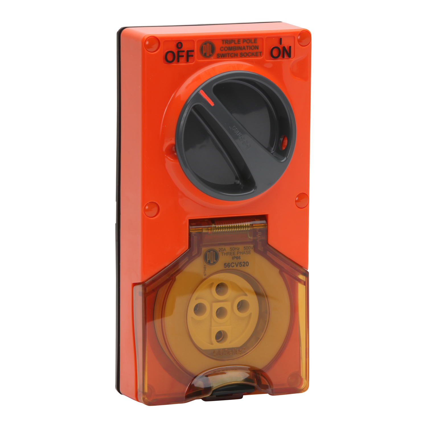PDL 56 Series - Switched Socket 20A 500V 5-Round Pin 2-Gang 3-Pole IP66 - Chemical-Resistant Orange