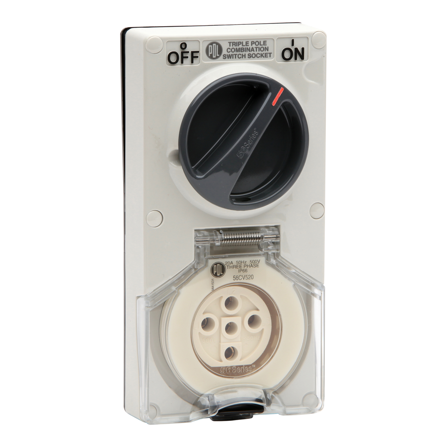 PDL 56 Series - Switched Socket 20A 500V 5-Round Pin 2-Gang 3-Pole IP66 - Grey