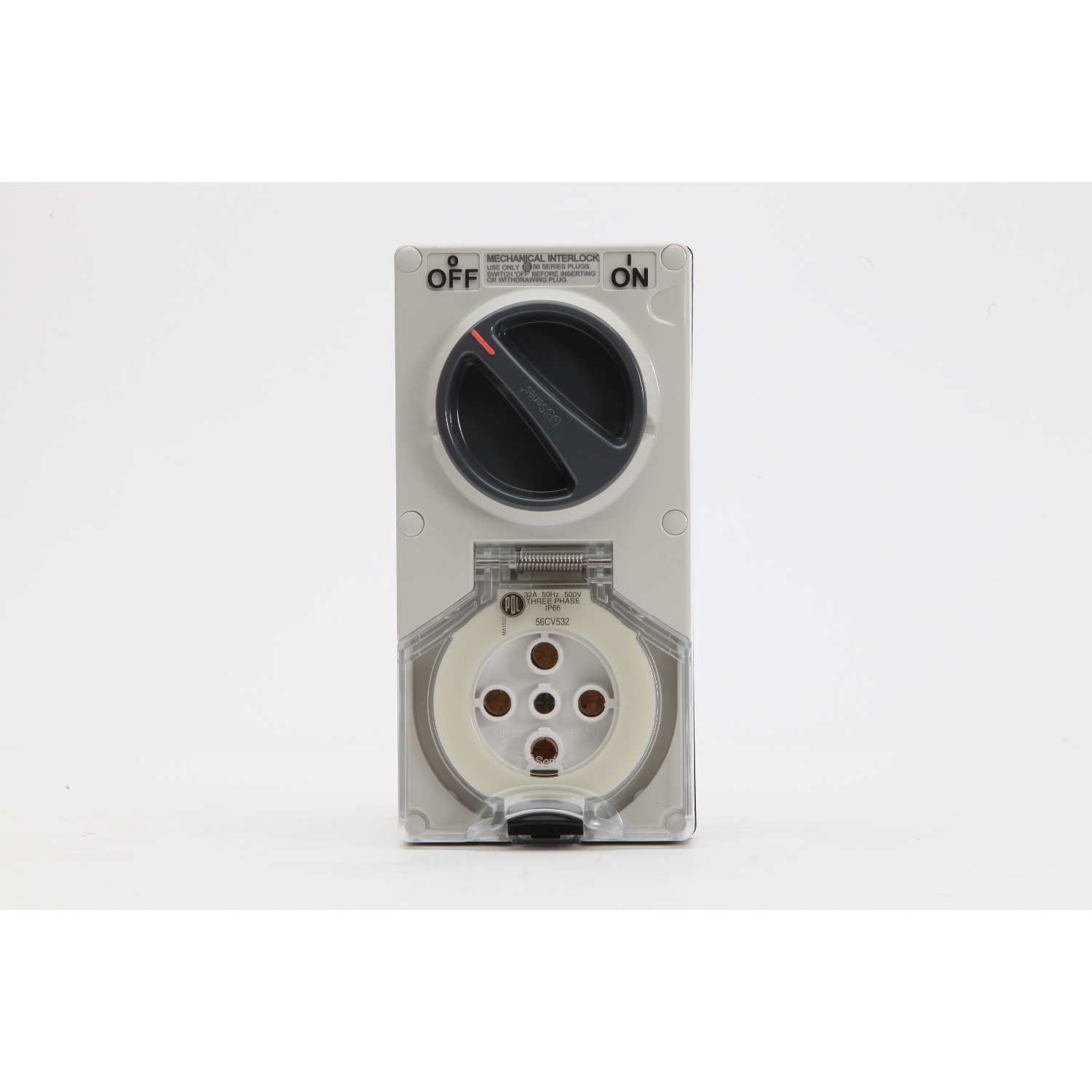 PDL 56 Series - Switched Socket 32A 500V 5-Round Pin 2-Gang 3-Pole IP66 - Chemical-Resistant White