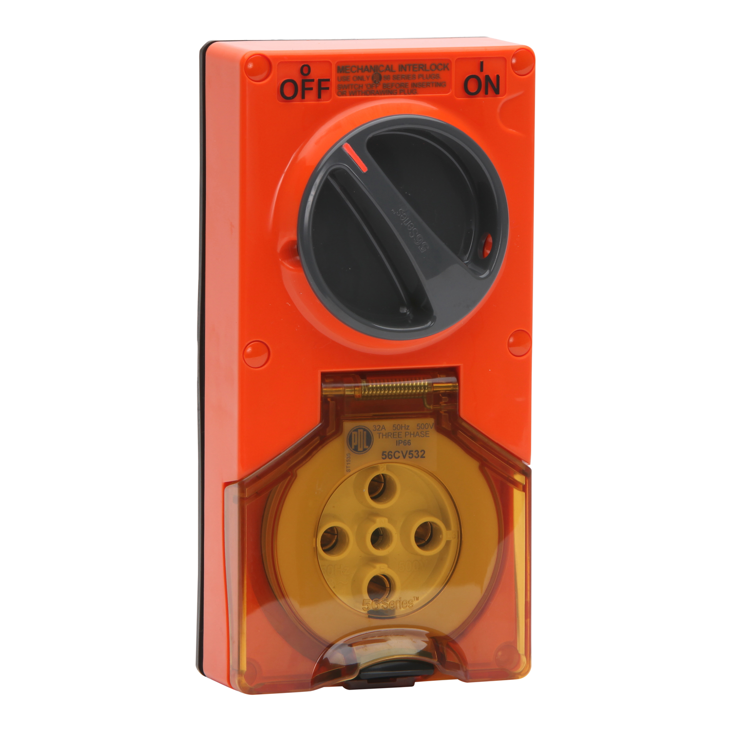 PDL 56 Series - Switched Socket 32A 500V 5-Round Pin 2-Gang 3-Pole IP66 - Chemical-Resistant Orange