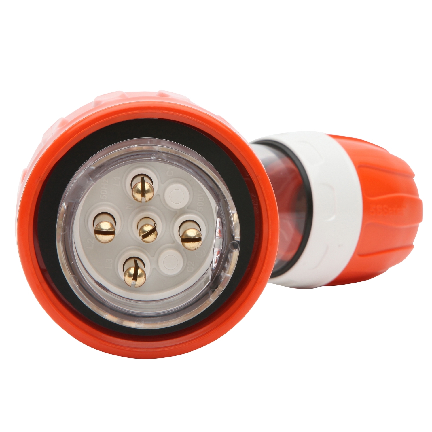 PDL 56 Series - Plug Angled 20A 500V 3-Phase 5-Round Pin IP66 - Orange