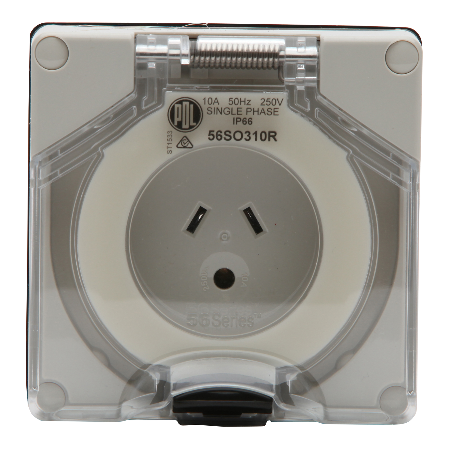 PDL 56 Series - Socket 10A 250V 1-Phase 2-Flat Pin Round Earth IP66 - Grey