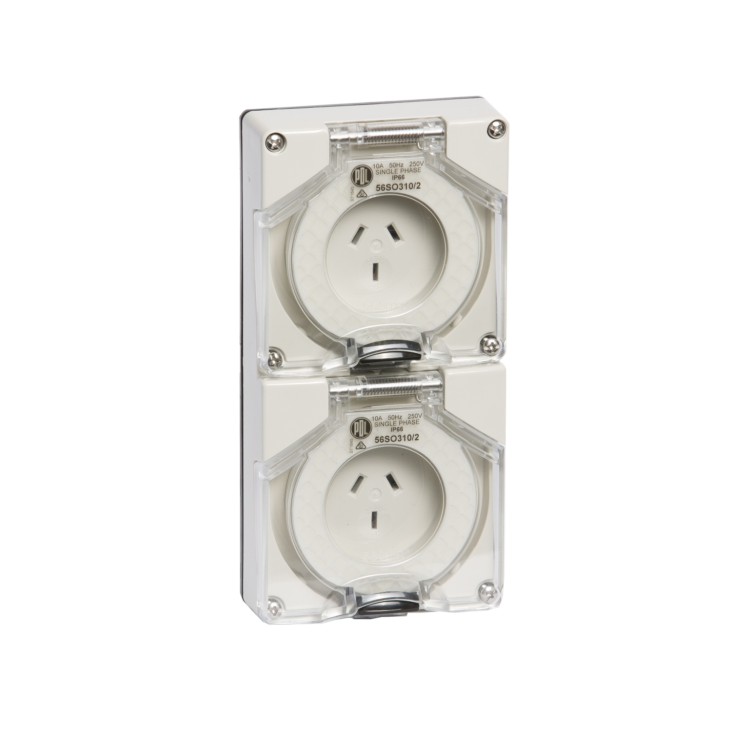 PDL 56 Series - Twin Socket 10A 250V 1-Phase 3- Flat Pin IP66 - Grey