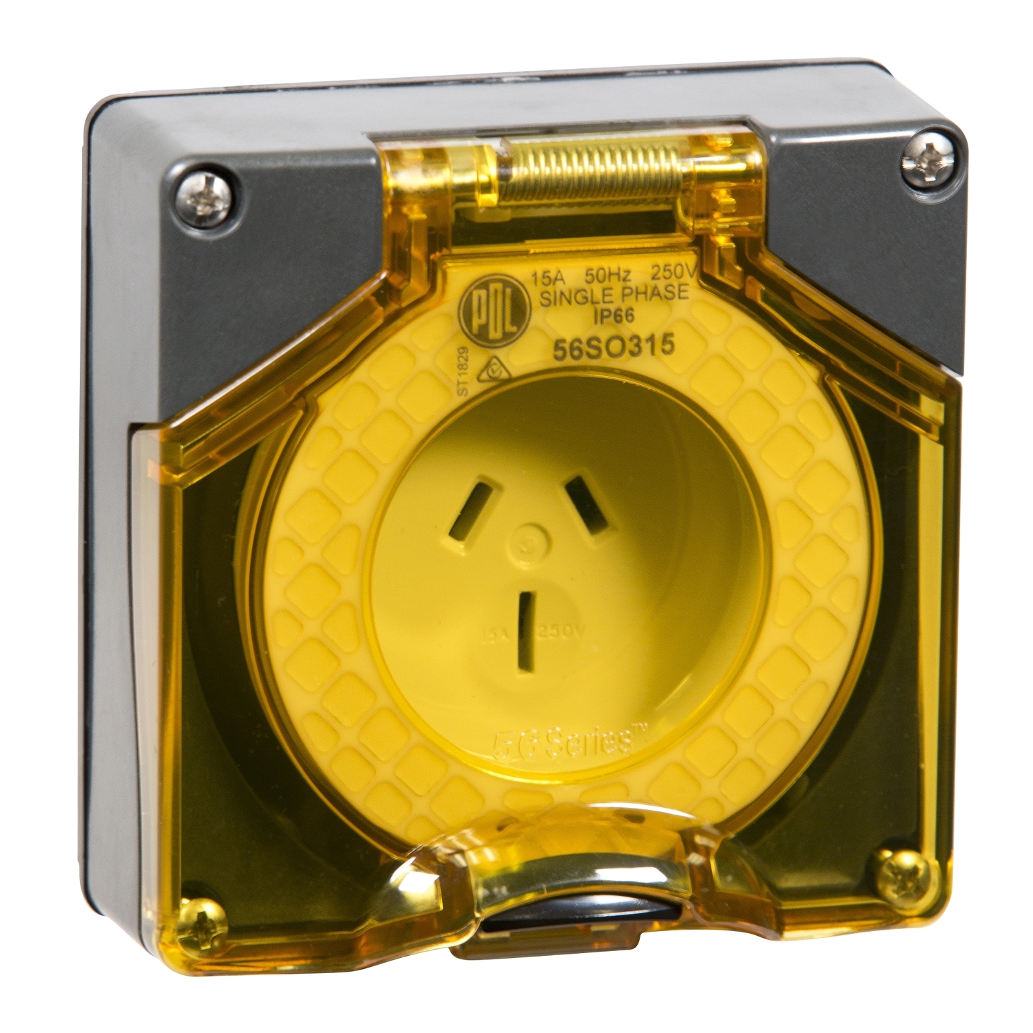 PDL 56 Series - Socket 15A 250V 3-Flat Pin IP66 - Chemical-Resistant Grey