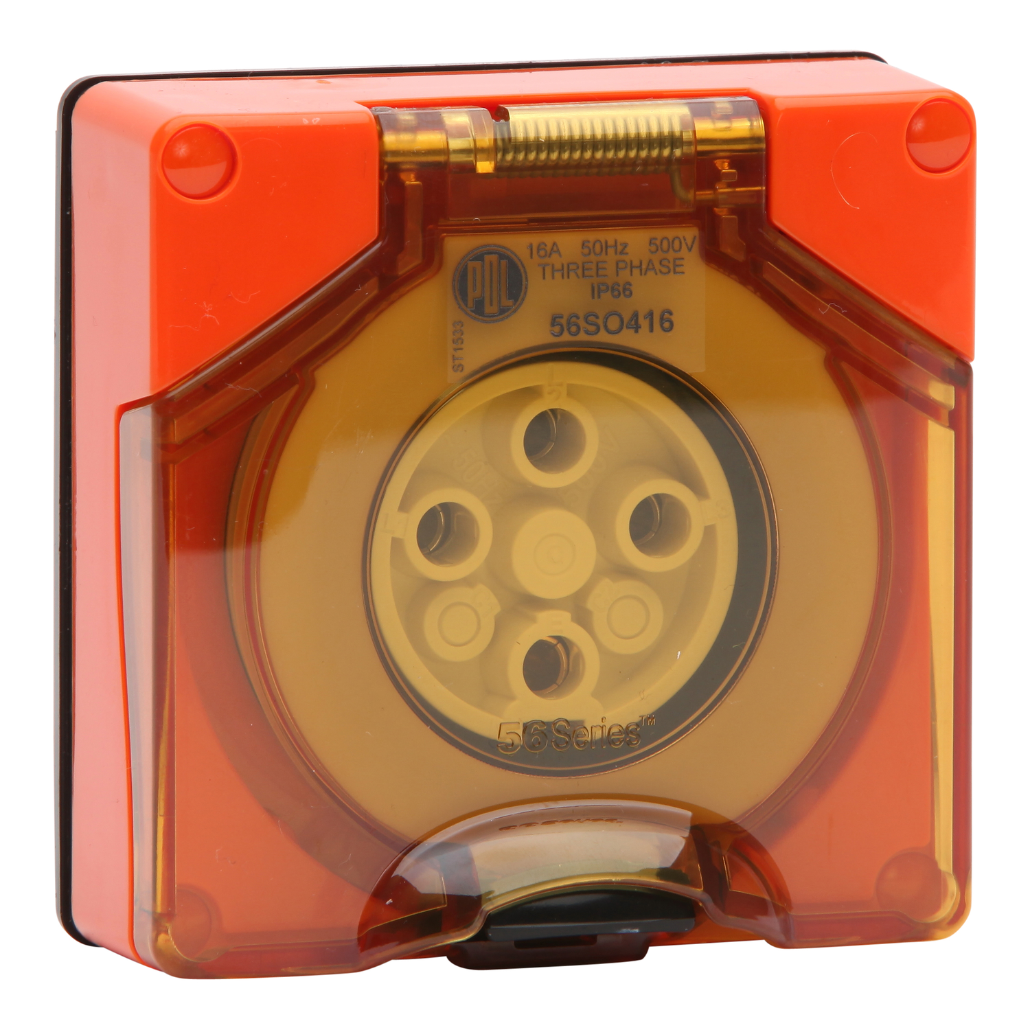 PDL 56 Series - Socket 16A 500V 1-Phase 4-Round Pin IP66 - Chemical-Resistant Orange