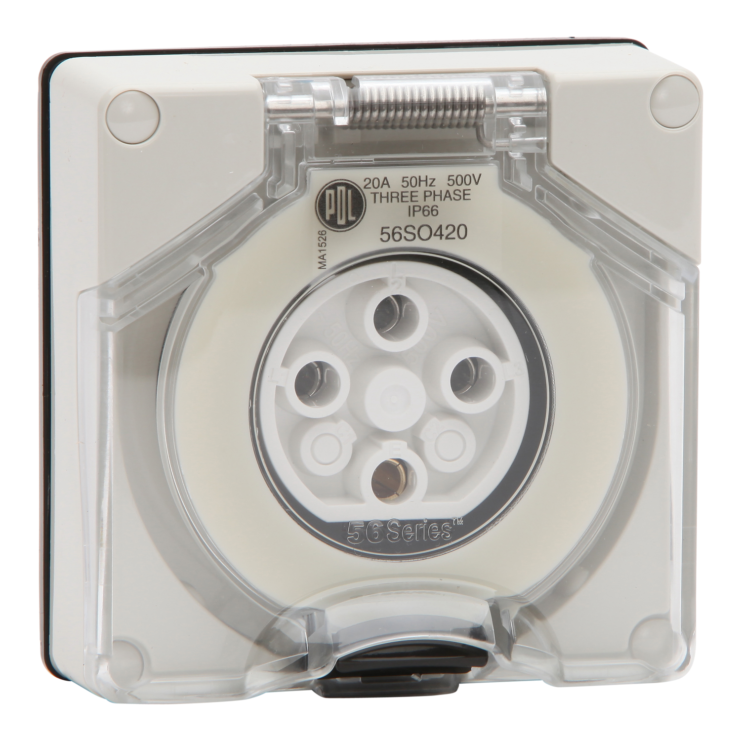 PDL 56 Series - Socket 20A 500V 3-Phase 4-Round Pin IP66 - Grey