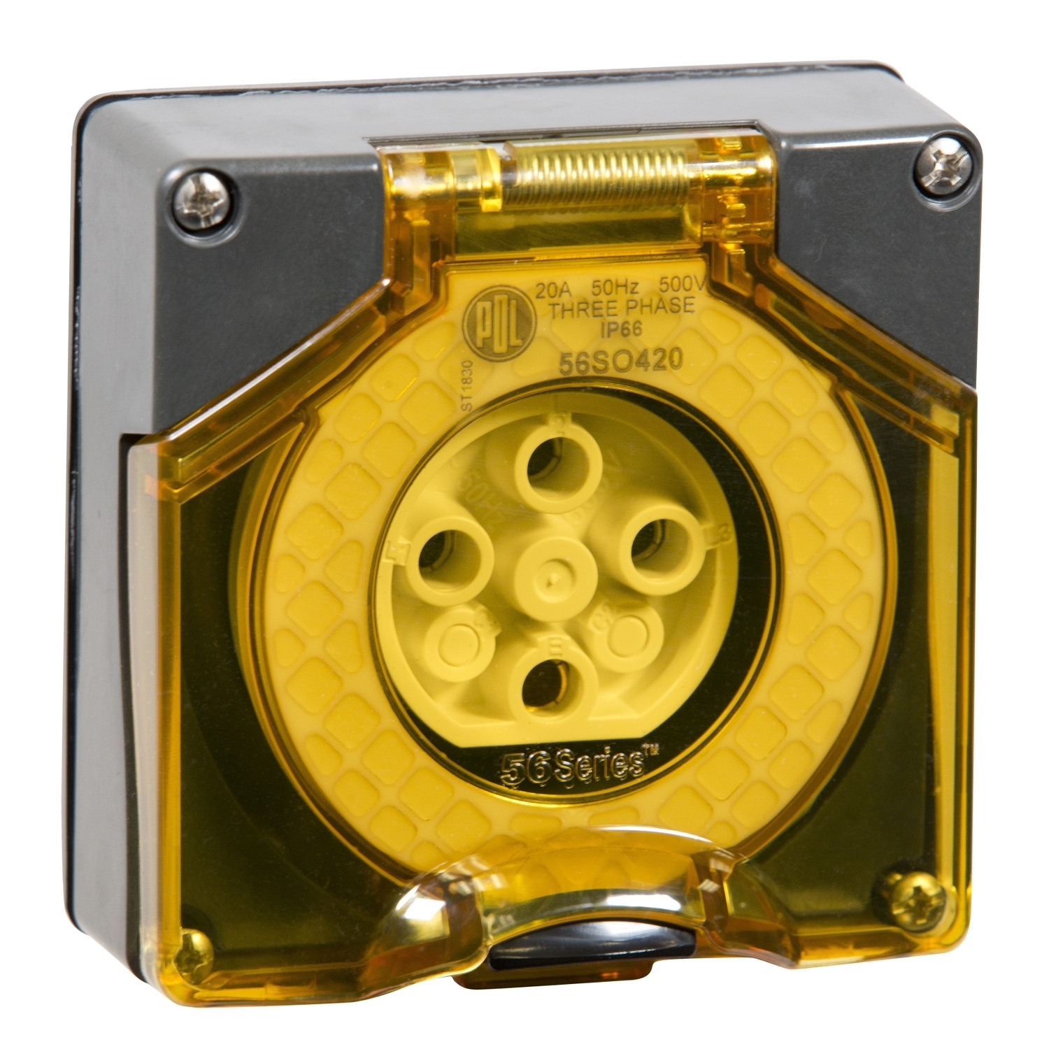 PDL 56 Series - Socket 20A 500V 4-Round Pin IP66 - Chemical-Resistant Grey