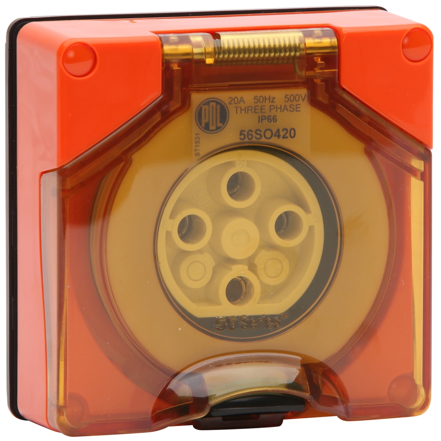 PDL 56 Series - Socket 20A 500V 3-Phase 4-Round Pin IP66 - Chemical-Resistant Orange