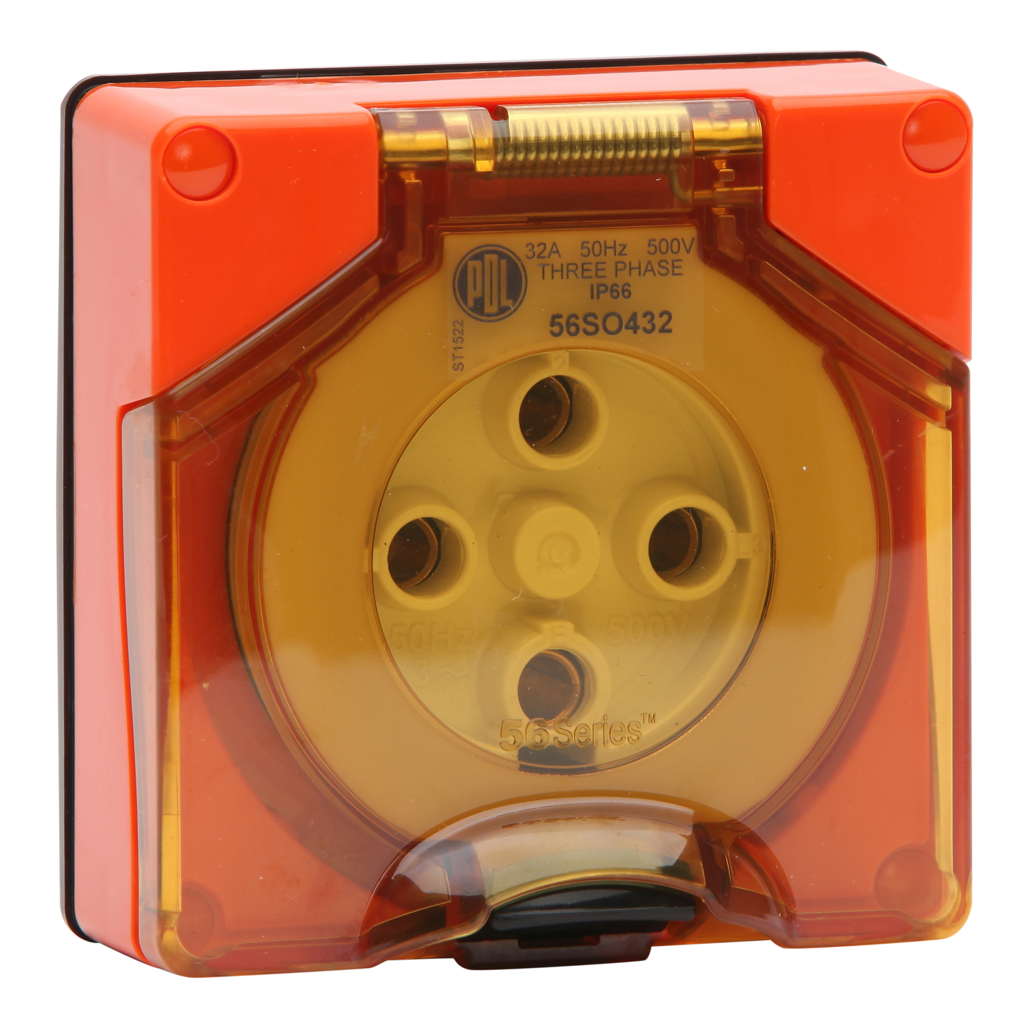 PDL 56 Series - Socket 32A 500V 3-Phase 4-Round Pin IP66 - Chemical-Resistant Orange