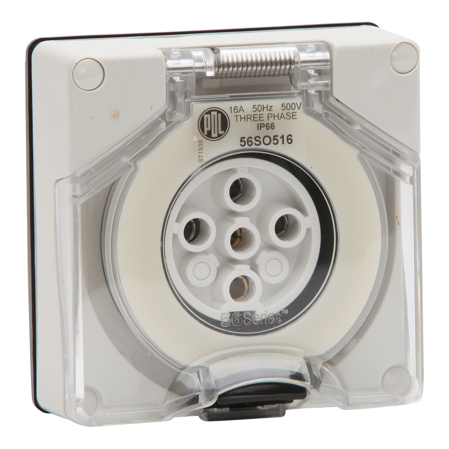 PDL 56 Series - Socket 16A 500V 3-Phase 5-Round Pin IP66 - Grey