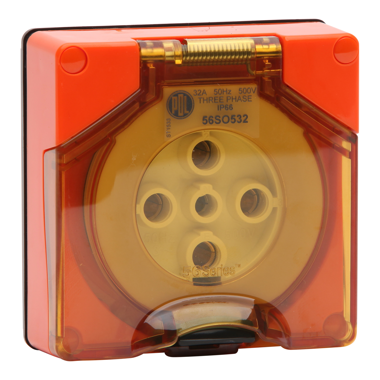 PDL 56 Series - Socket 32A 500V 3-Phase 5-Round Pin IP66 - Chemical-Resistant Orange