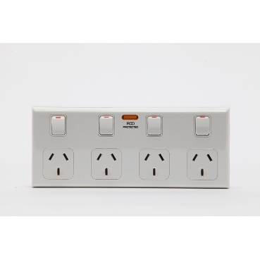 600 Series, Quad Switched Socket, 10A NEON 'RCD ON' 4-Gang