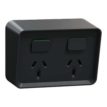Twin switched socket, PDL Iconic Outdoor, horizontal, 10A 250V, black