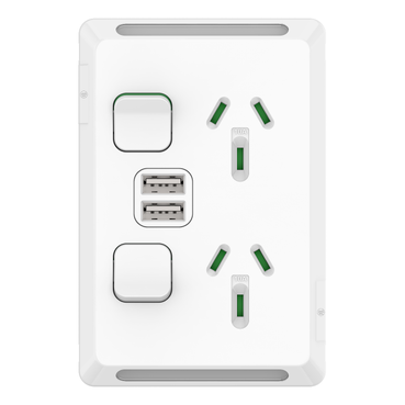 Pro Series, Switched Socket, 2 Switch & 2 Socket, USB, Vert, 10A