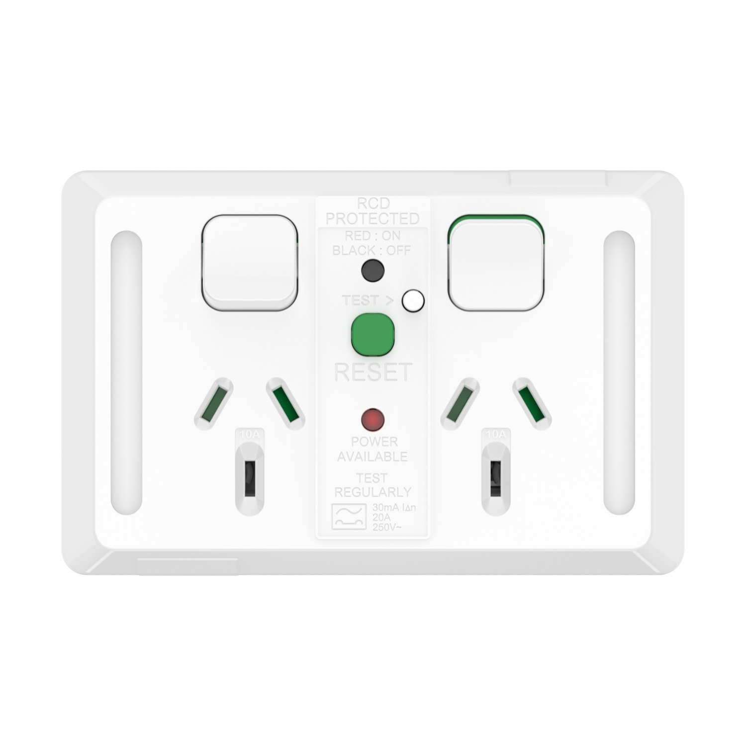 PDL Pro Series - Double Switched RCD Socket 10mA Horizontal 10A - White