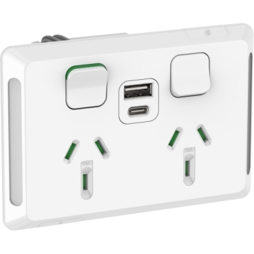 Pro Series, Double Swiched Socket, 10A + Dual USB Type A+C, Horizontal