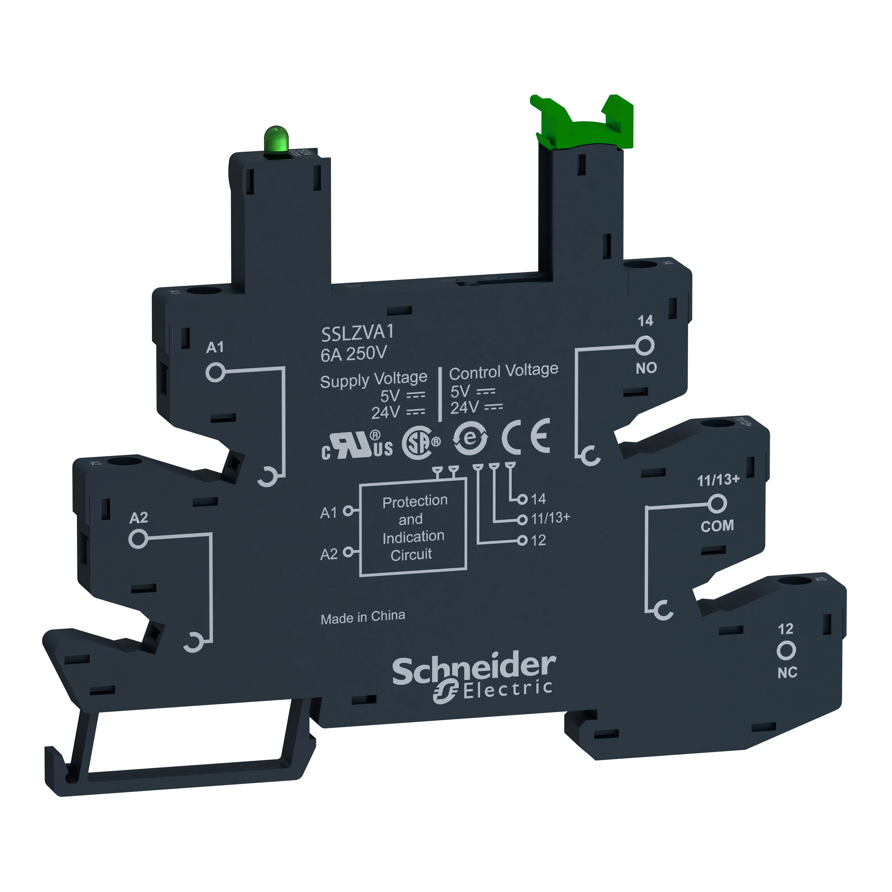 socket equipped with LED and protection circuit, Harmony Solid State Relays, for SSL relays, spring terminals, 5 to 24V DC