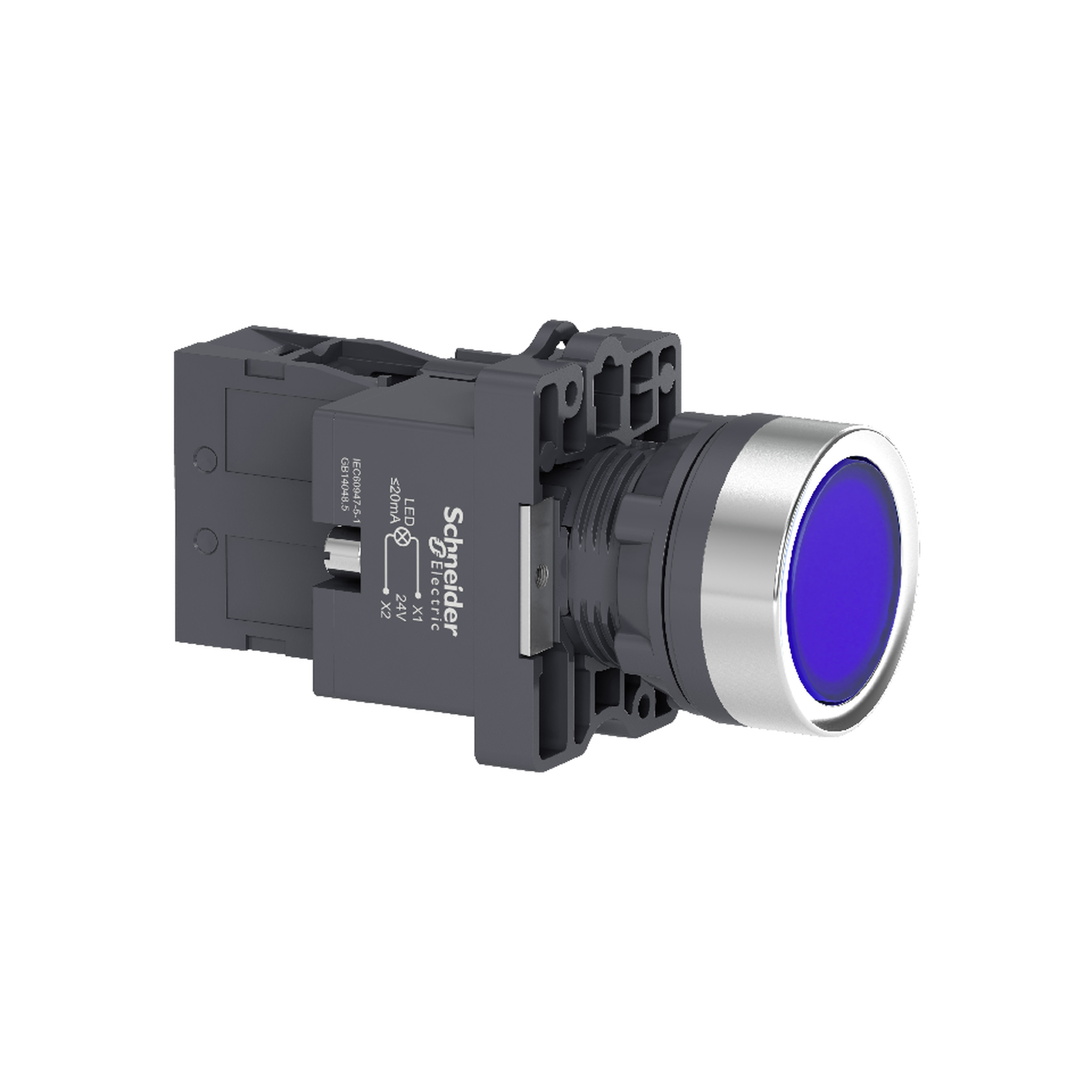 Complete illuminated push button, Easy Harmony XA2, plastic, flush, blue, 22mm, spring return, 24V AC DC, 1NO