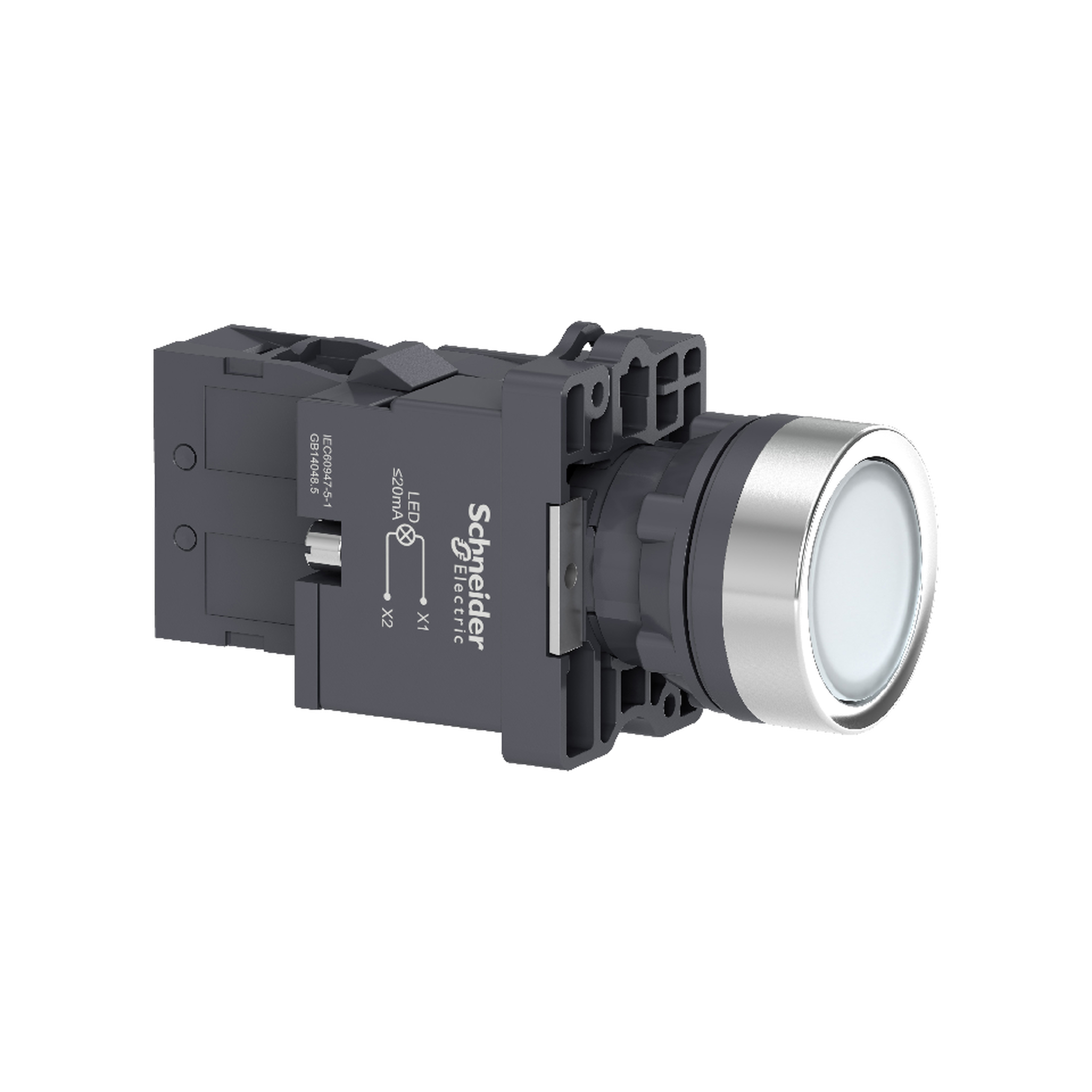 Complete illuminated push button, Easy Harmony XA2, plastic, flush, white, 22mm, spring return, 220V AC, 1NO