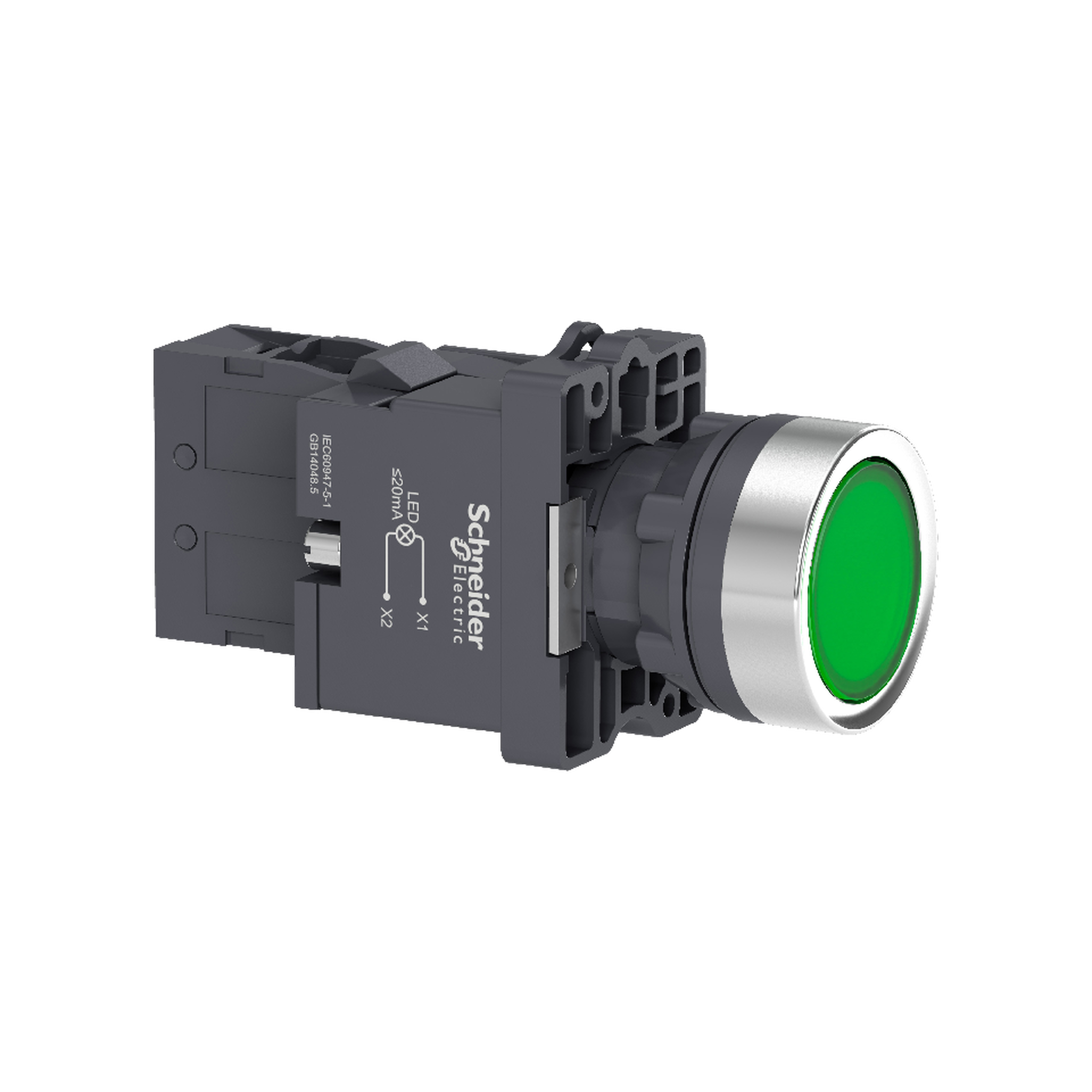 Complete illuminated push button, Easy Harmony XA2, plastic, flush, green, 22mm, spring return, 220V AC, 1NO