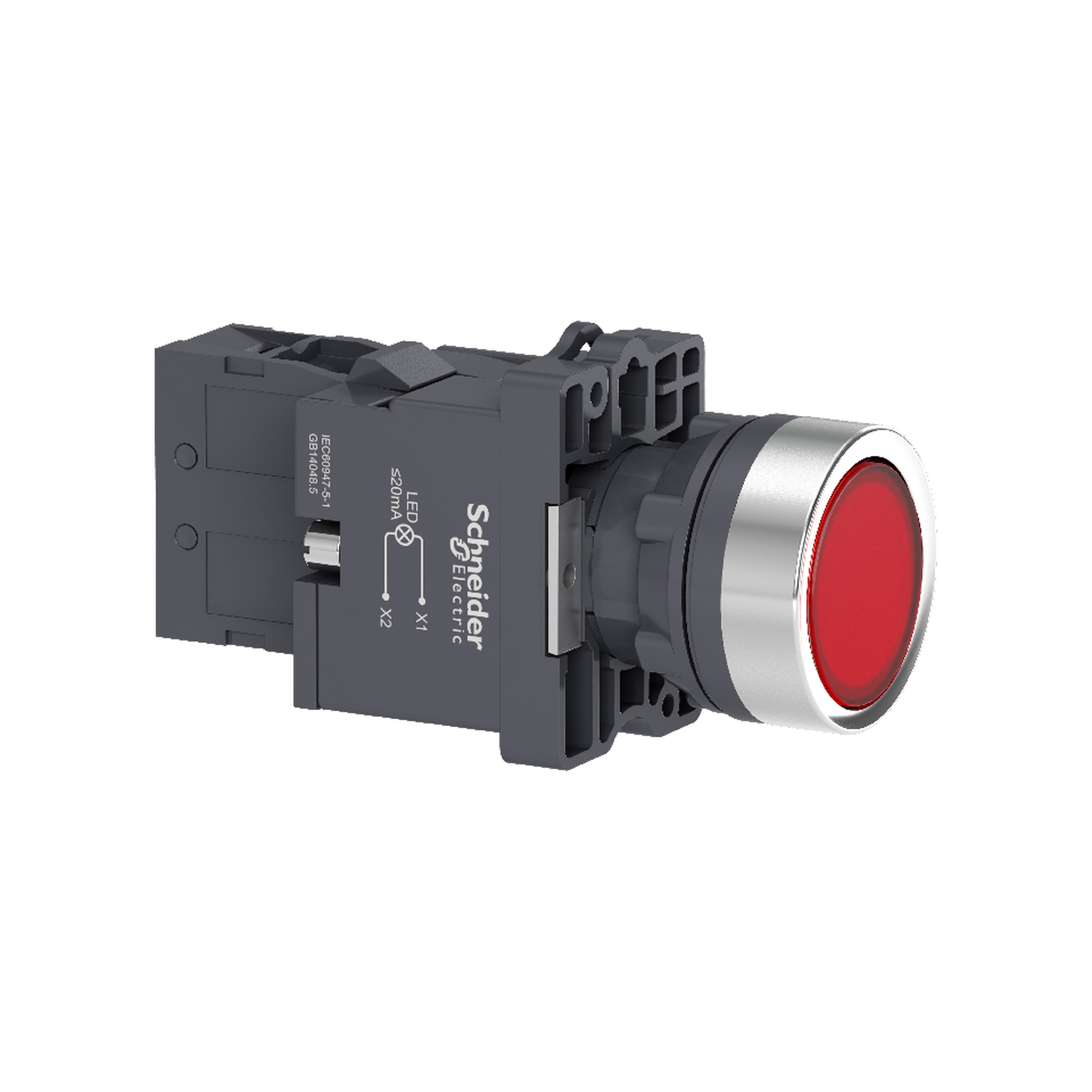 Complete illuminated push button, Easy Harmony XA2, plastic, flush, red, 22mm, spring return, 220V AC, 1NO