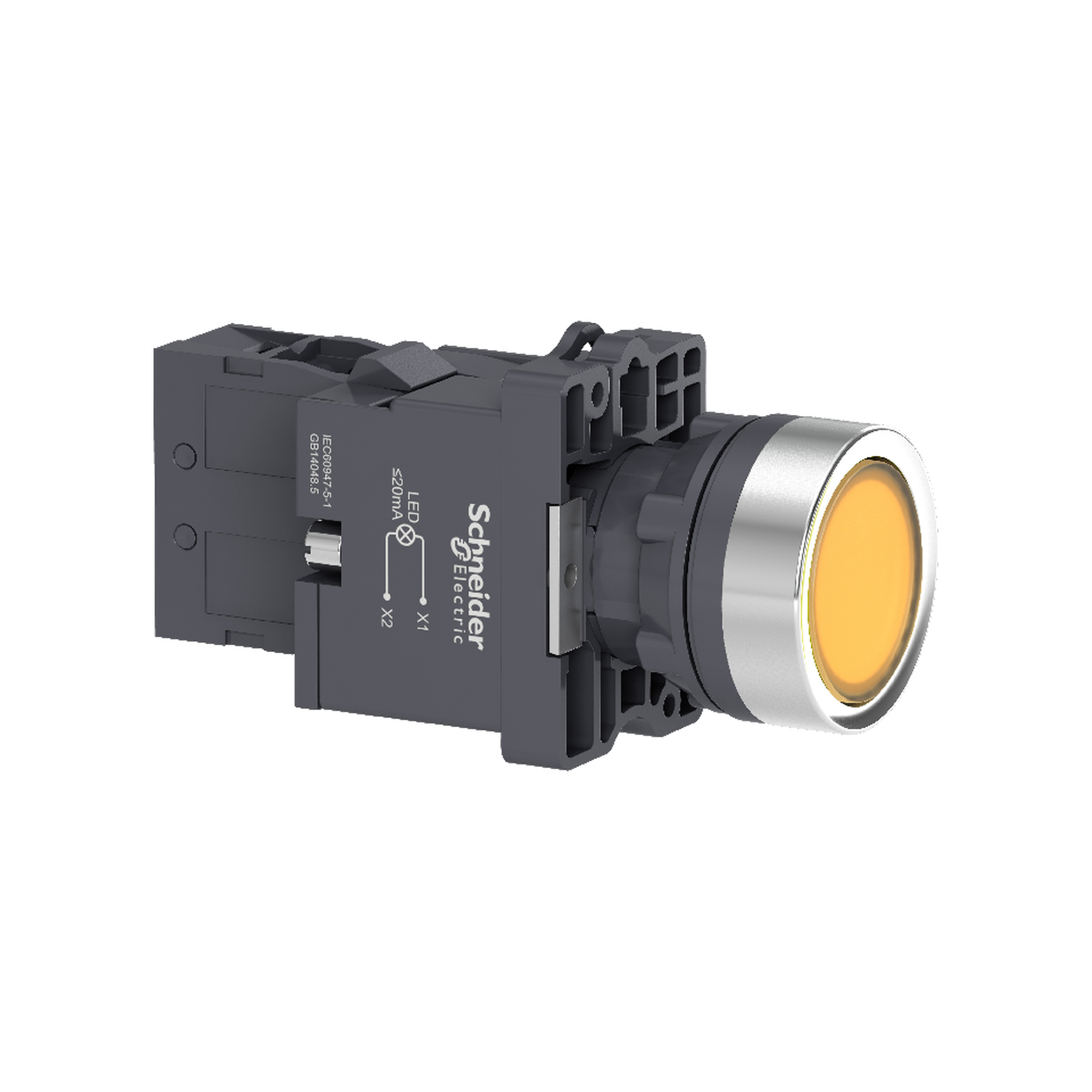Complete illuminated push button, Easy Harmony XA2, plastic, flush, amber, 22mm, spring return, 220V AC, 1NO